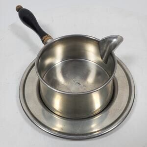 Vintage Woodbury Gravy Pitcher Pewter w/ Wood Handle & Tray